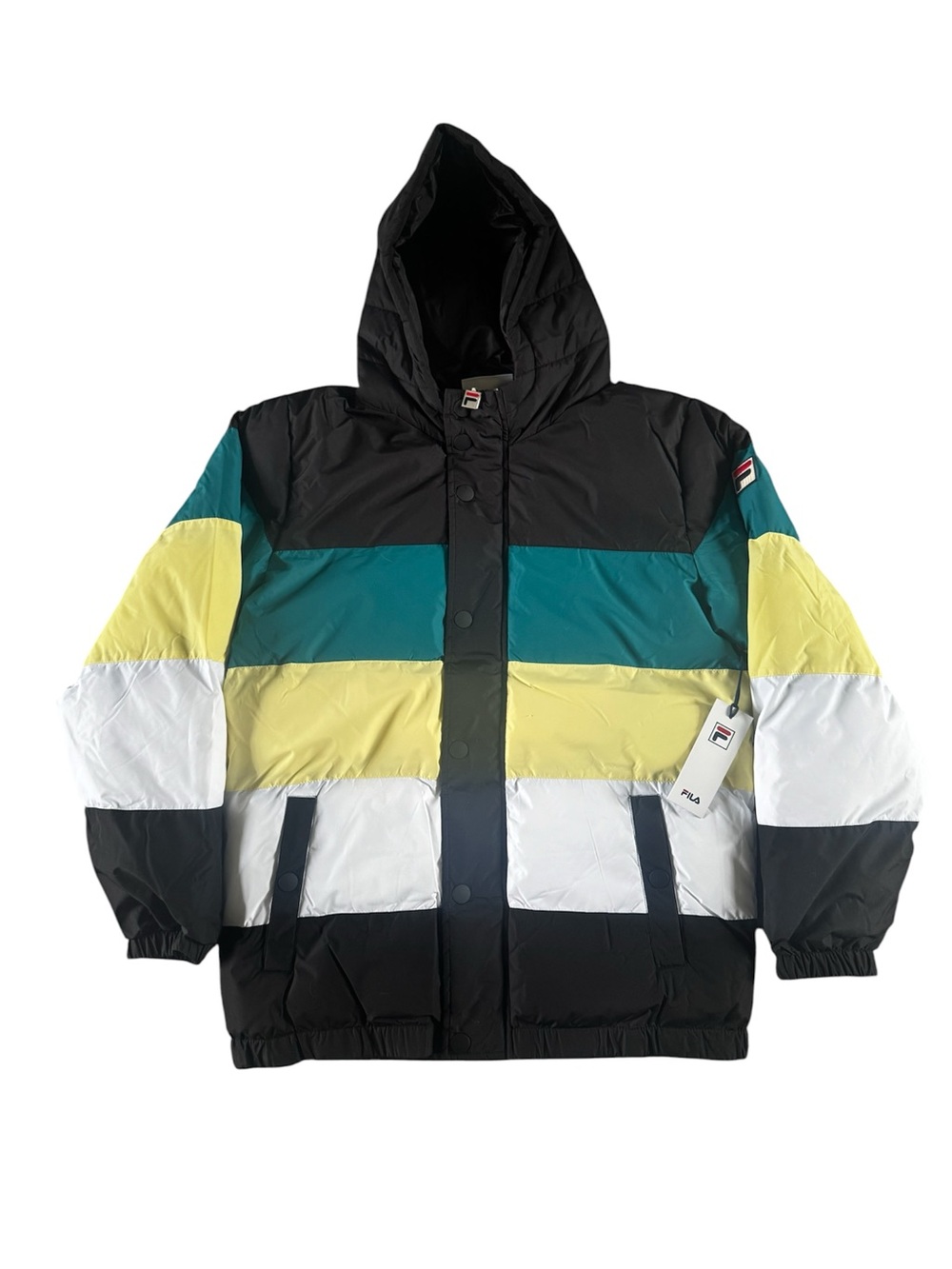Fila  Hooded Colorblock Puffer Jacket - Black, Teal, Yellow, White